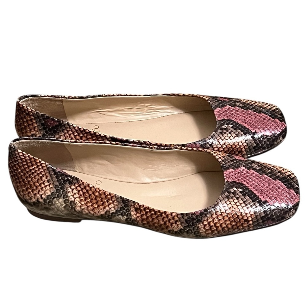 Vince Camuto Bicanna brown pink snake print leather square toe ballet flats